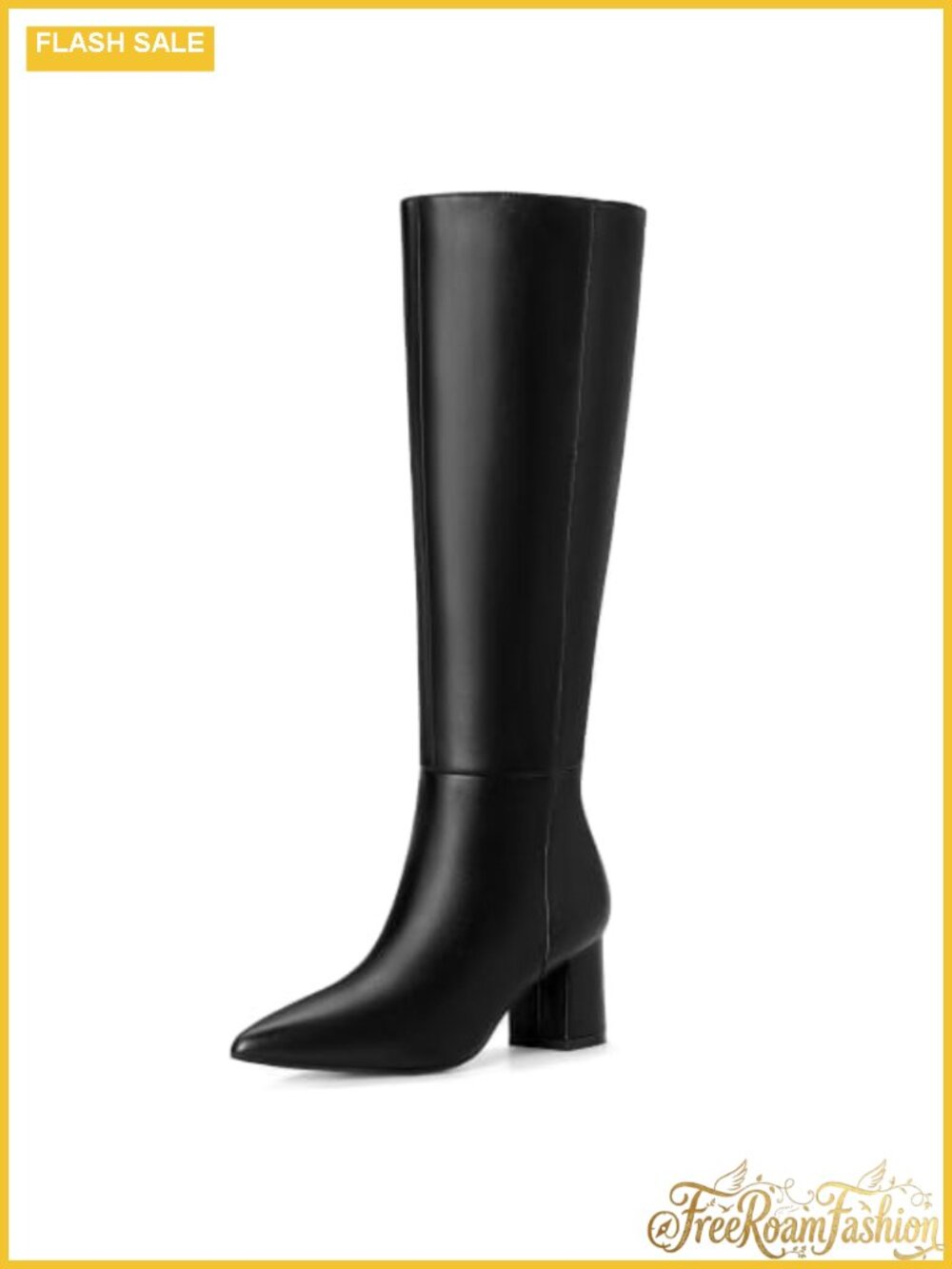 IDIFU Knee High Tall Boots Pointed Toe Low Chunky Heel Full Zip Faux Leather